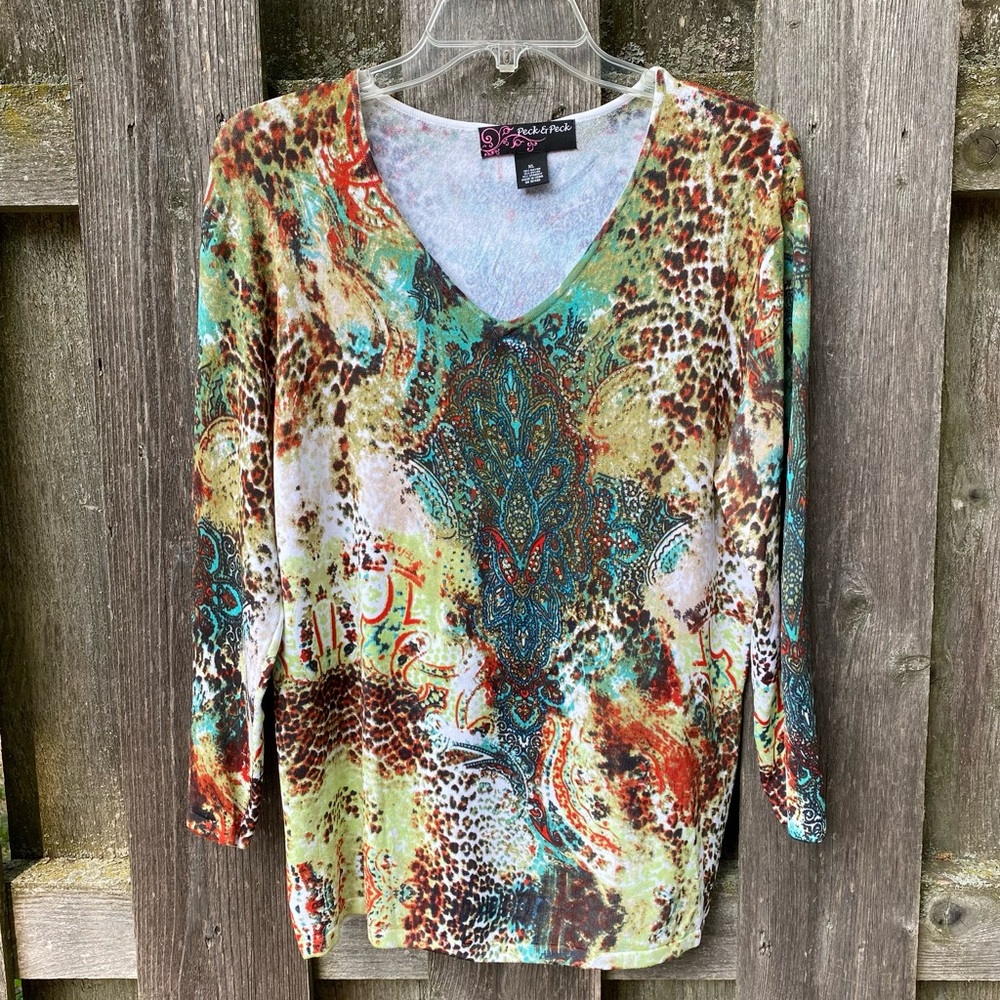 Colorful all over print v-neck sweater top